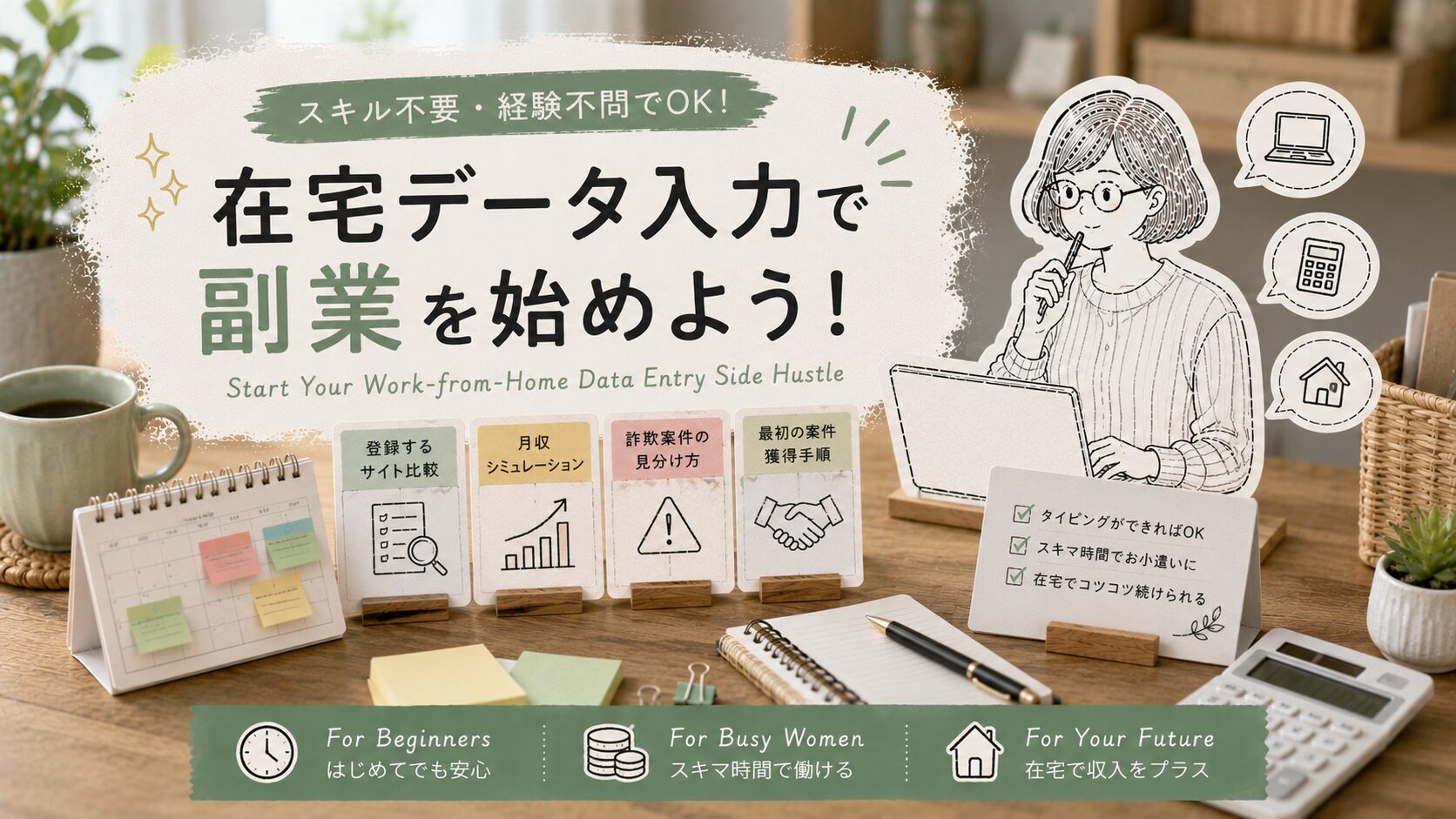 在宅データ入力副業の始め方を紹介する40代女性のイラスト。キーボードと書類を前に作業するアイキャッチ画像