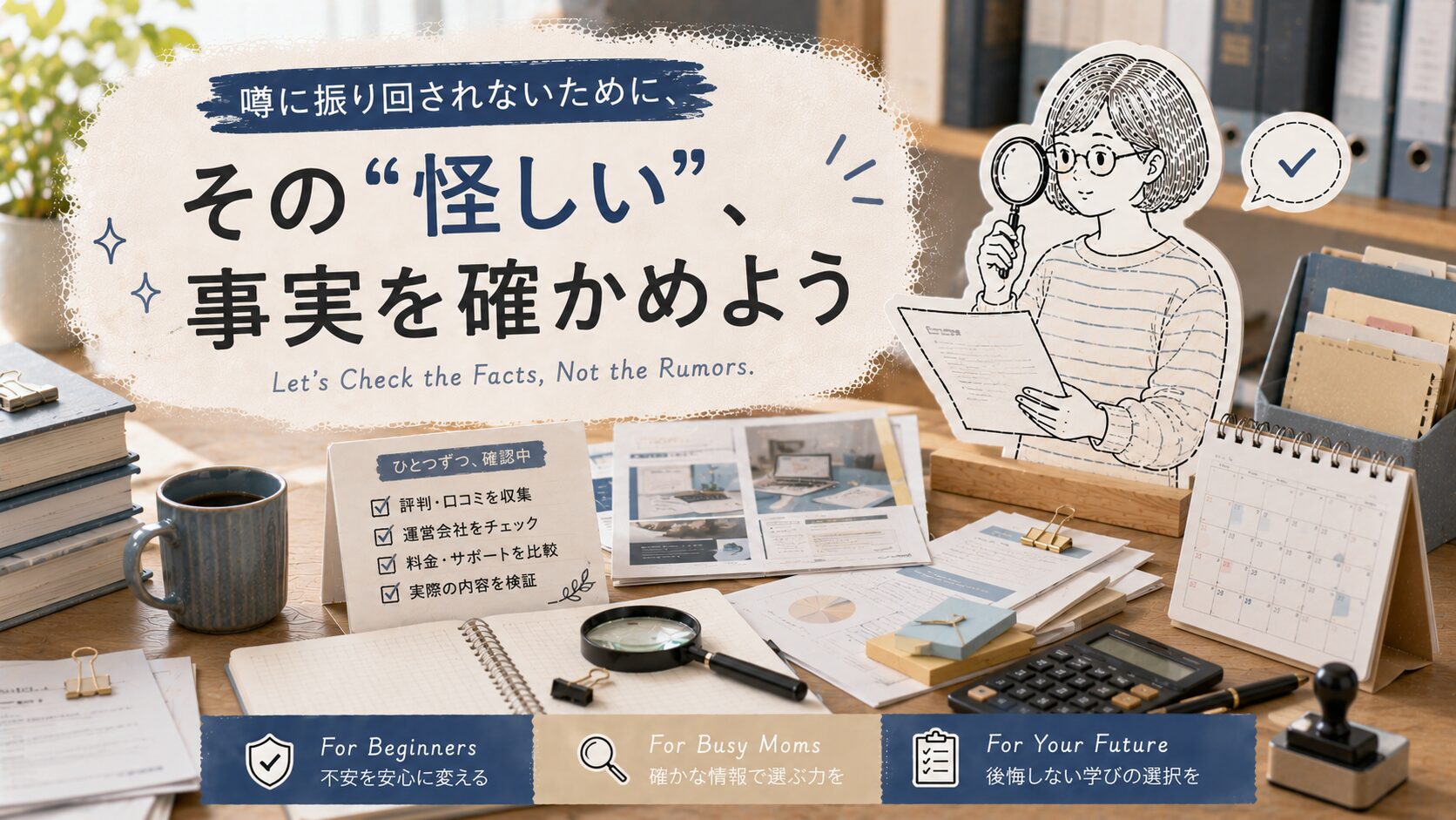 虫眼鏡と書類でスクールの評判を検証する40代女性のイラスト。「HerTech 怪しい」という噂を事実確認するアイキャッチ画像