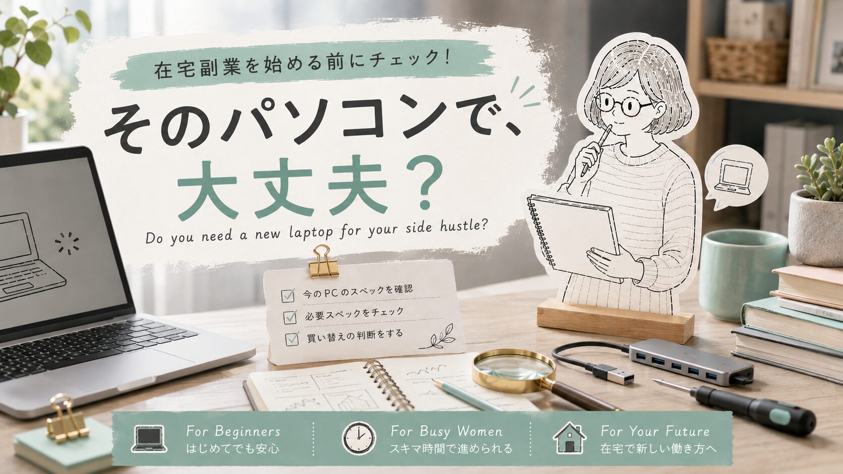 在宅副業にパソコンの買い替えが必要か確認する40代女性のイラスト。ノートPCとチェックリストを見比べているアイキャッチ画像