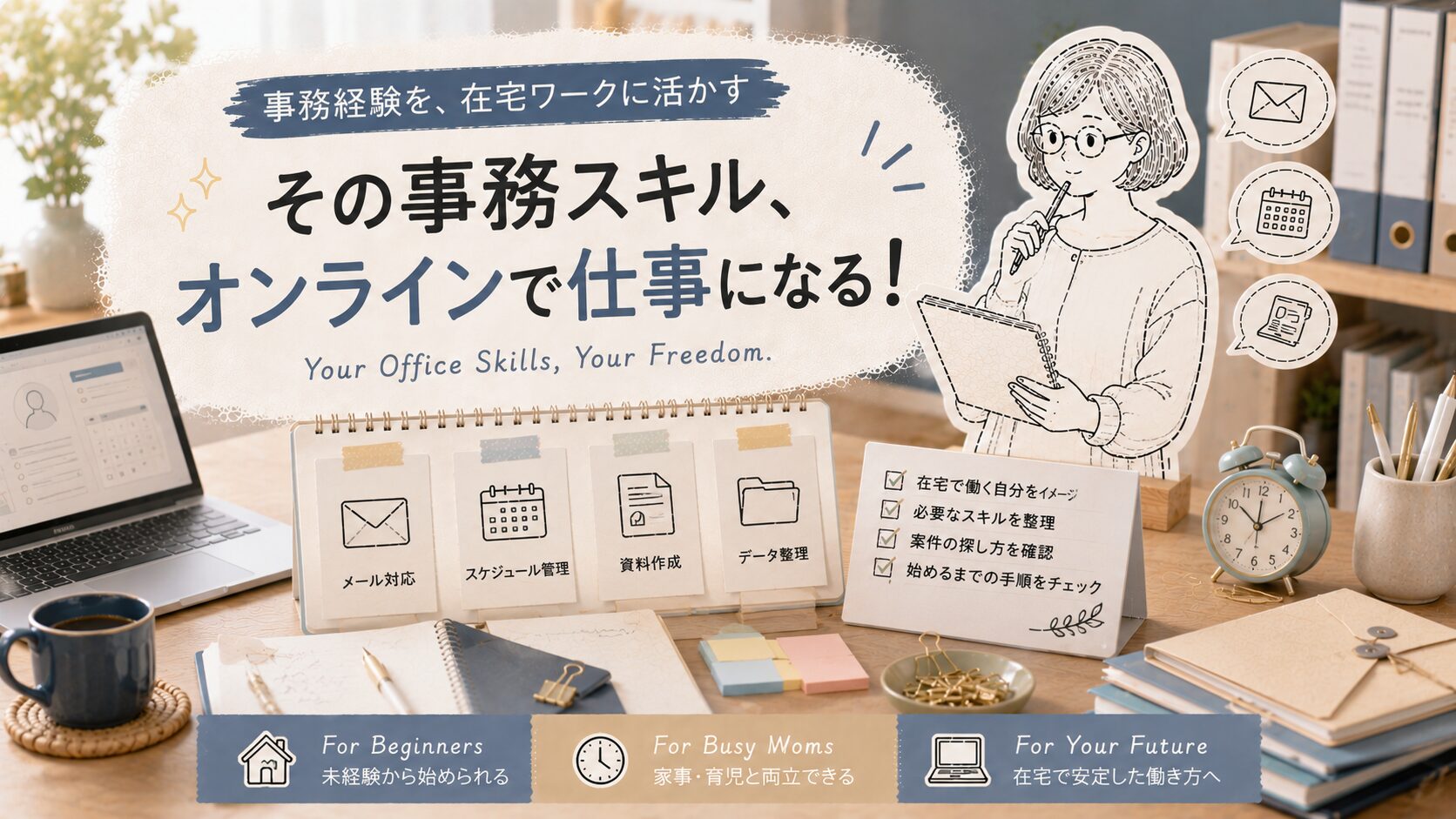 オンライン秘書副業の仕事内容を確認する40代女性のイラスト。ノートPCとカレンダー、封筒が並ぶデスクでスケジュールを整理しているアイキャッチ画像