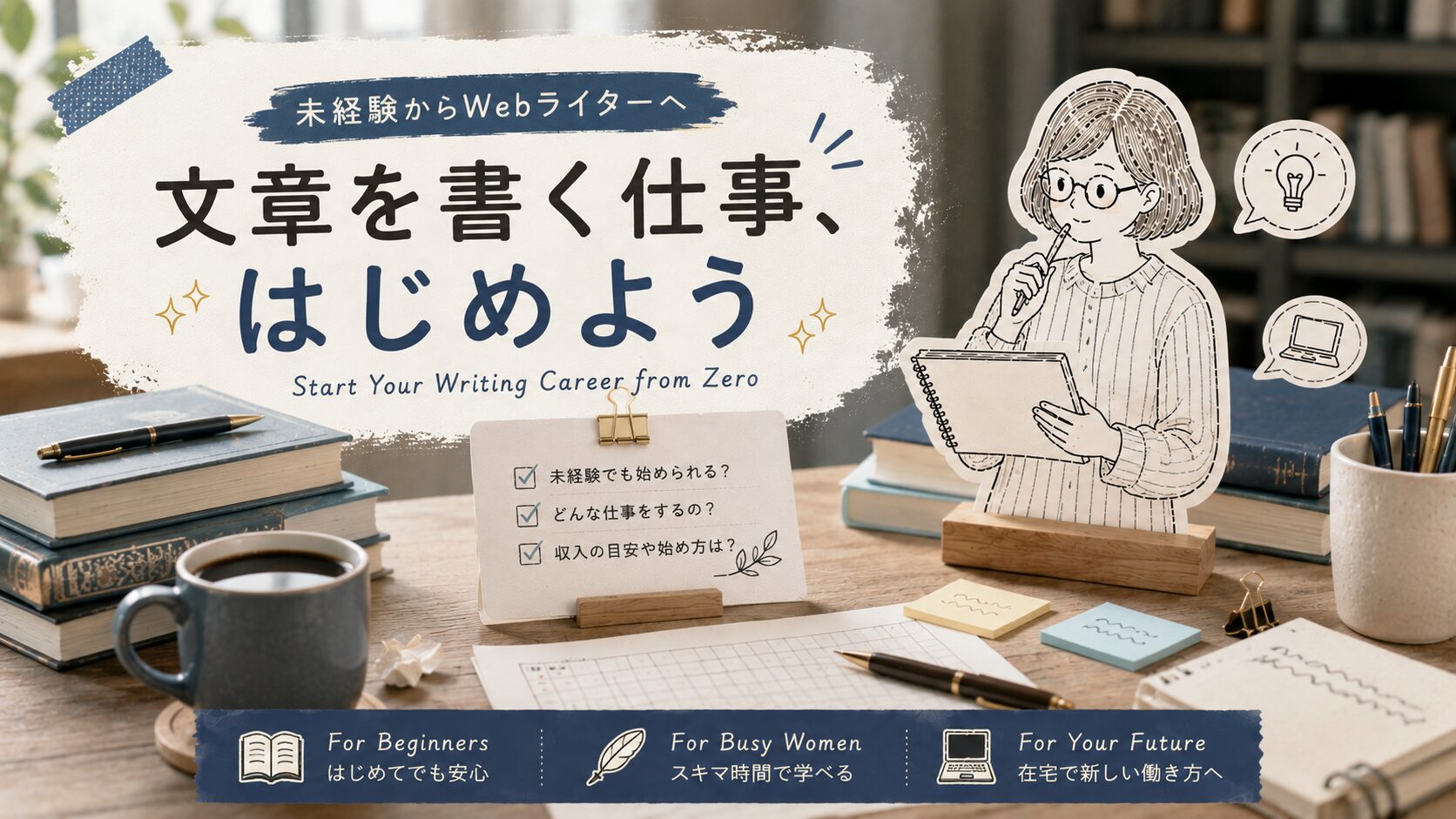 未経験からWebライターを目指す40代女性のイラスト。原稿用紙とペンを持って執筆に取り組むアイキャッチ画像