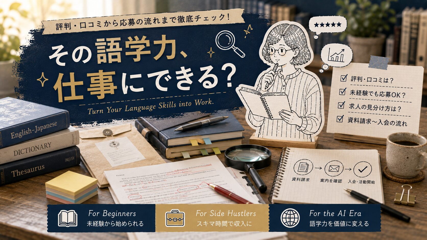 翻訳者ネットワーク「アメリア」の評判・口コミを確認する40代女性のイラスト。洋書や辞書、翻訳原稿に囲まれて求人をチェックするアイキャッチ画像