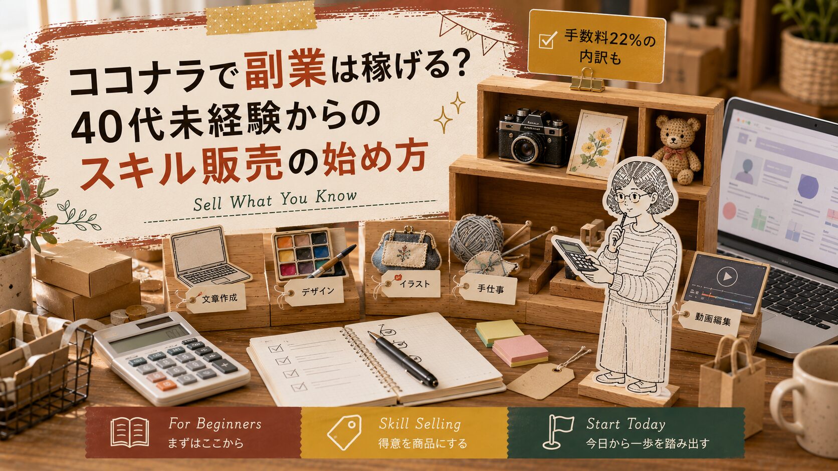 ココナラで副業は稼げる？の記事アイキャッチ画像。メガネをかけた40代女性が小さな陳列棚に値札を貼っている