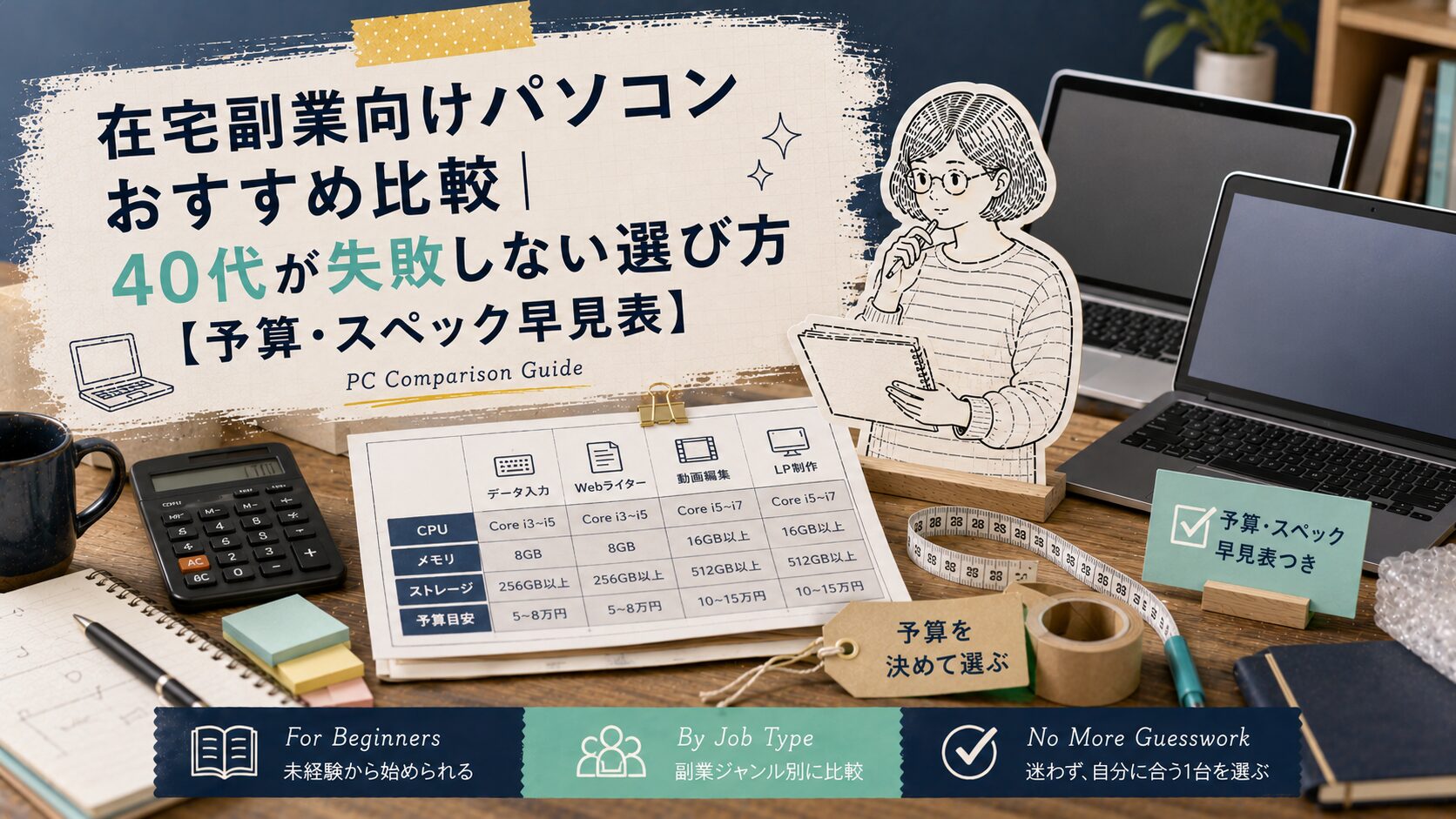 在宅副業向けパソコンおすすめ比較の記事アイキャッチ画像。メガネをかけた40代女性がノートパソコンとスペック比較表を見比べている