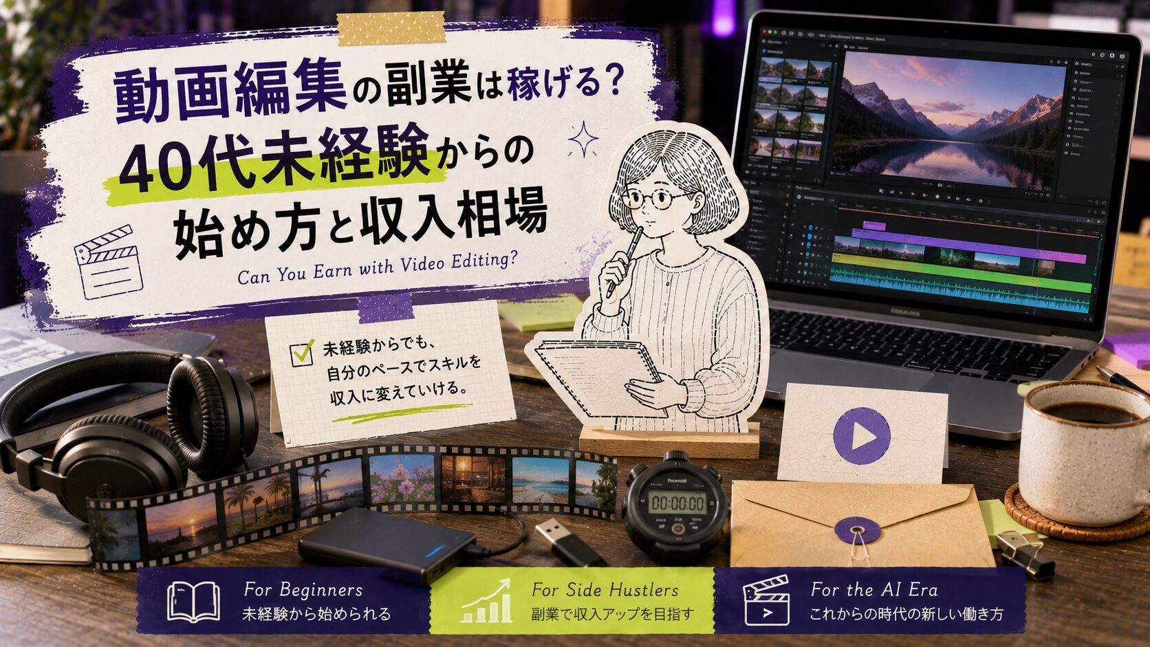 動画編集の副業を始めようとしている40代女性のイラスト。タイムライン画面のパソコンとヘッドホン、外付けストレージに囲まれ、収入相場やソフト選びを確認しているアイキャッチ画像